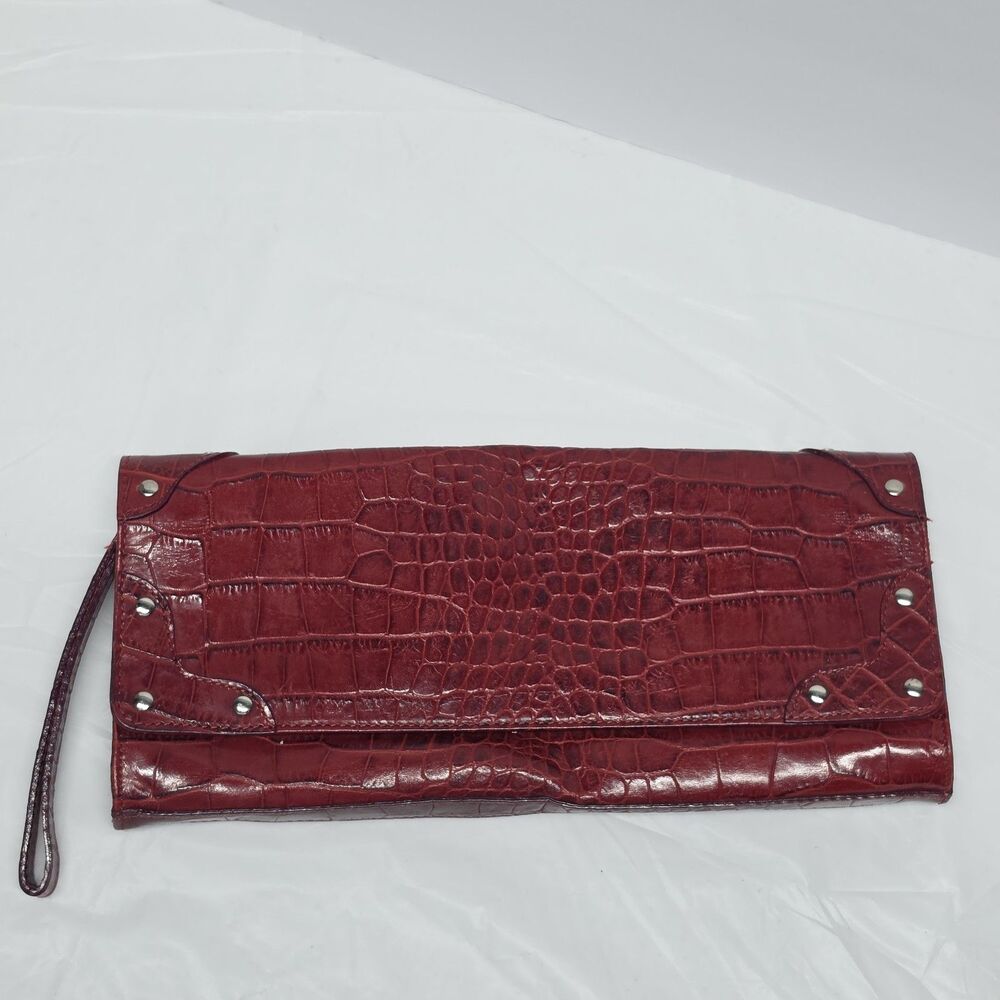 Claudia Firenze Croc Embossed Studded Clutch In Burgundy Red Leather Italy